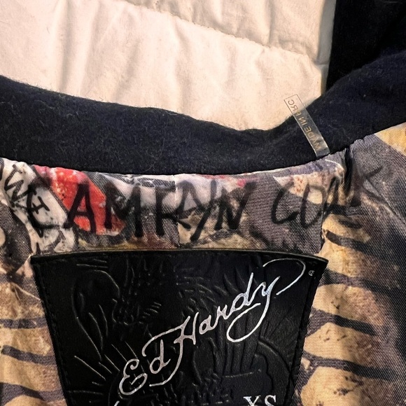 RARE ED HARDY WOOL BLEND MILITARY STEAMPUNK COAT NAVY XS EUC CHAIN EPAULETS - Picture 15 of 15